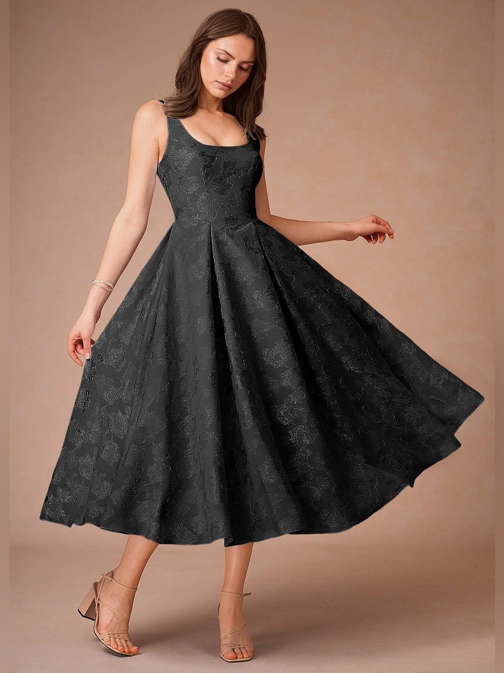 Azazie Jacquard Scoop Neck Briac Black A-Line Midi Dress🔳